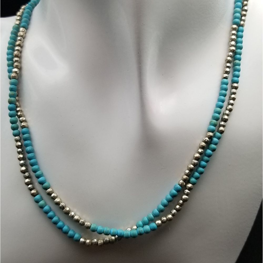 Round beaded double layer blue and gold dust necklace. N207